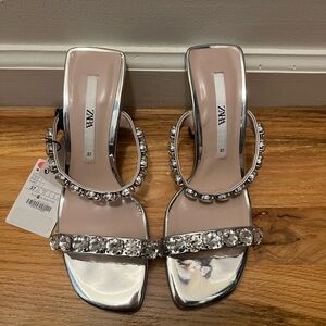 Zara Silver Rhinestone Sandals Size 37